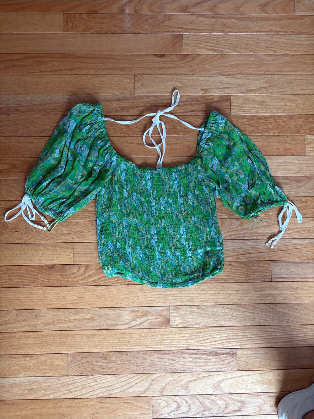 Free People Green Floral Puff-Sleeve Crop Top